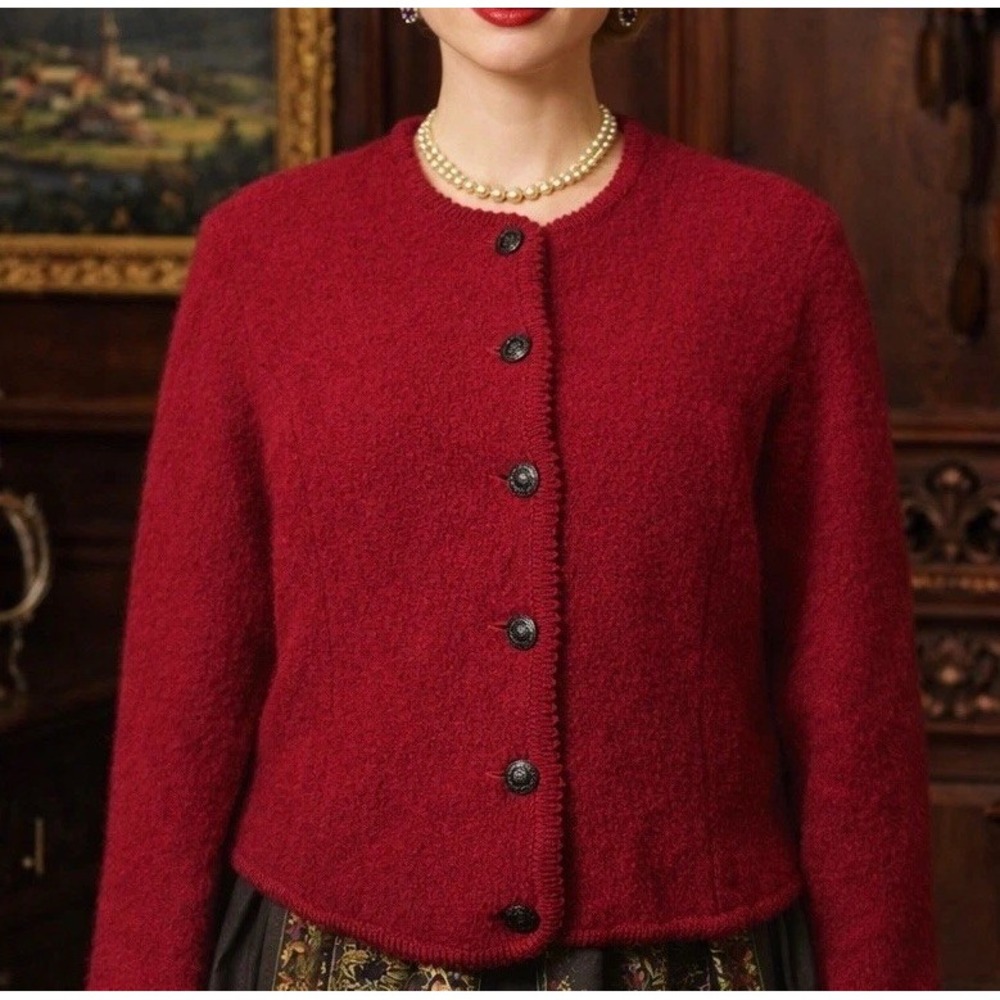 Tally-Ho Vintage Red Wool Cardigan Sweater Women's SZ Small 100% Wool European